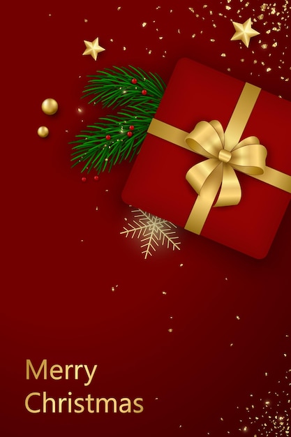 Tarjeta de feliz Navidad ramas de árbol de Navidad caja de regalo roja decoración de oro y confeti
