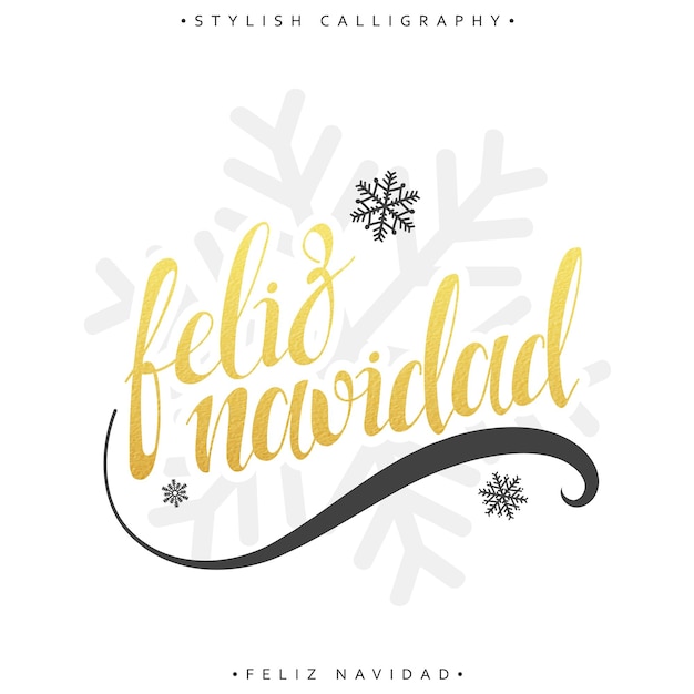 Tarjeta de feliz navidad con saludos en idioma español. feliz navidad. caligrafía para diseño de tarjetas de felicitación con oro. felicitaciones en español. textura realista de pan de oro.