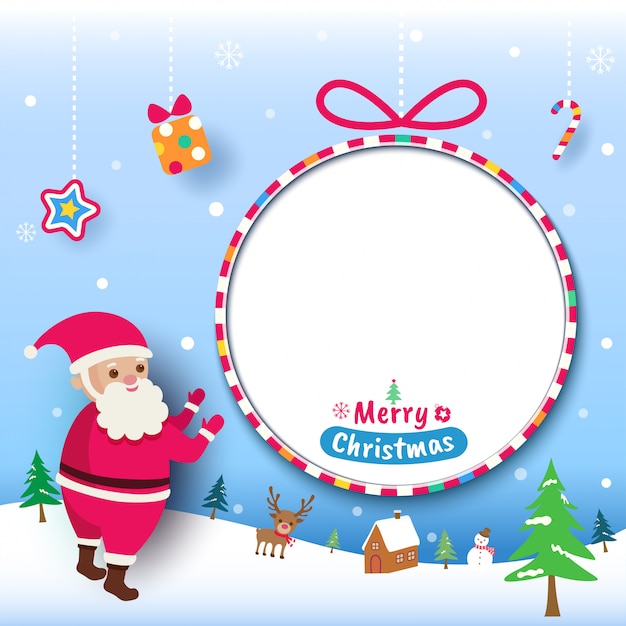 Tarjeta de feliz Navidad con santa claus y marco de círculo en la nieve.
