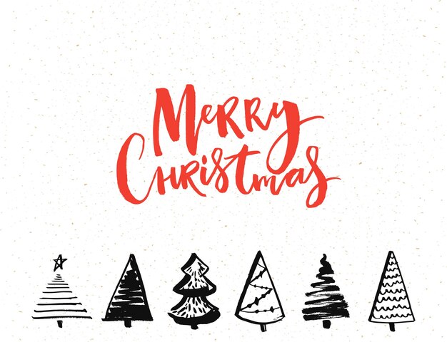 Tarjeta de feliz Navidad con texto de caligrafía y árboles de Navidad dibujados a mano. Diseño de plantilla de vector.