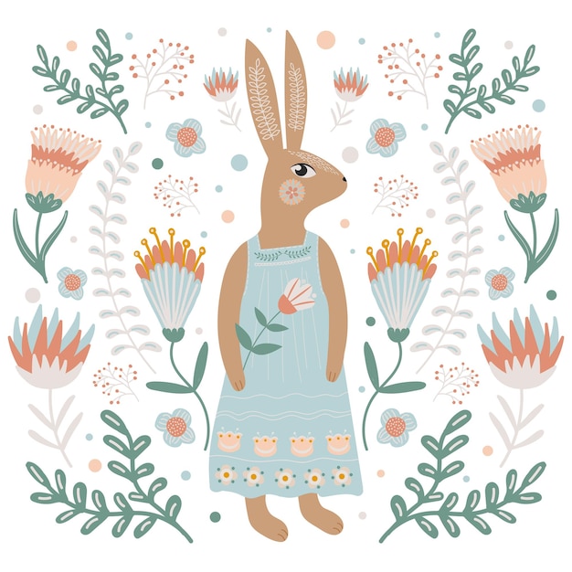 Tarjeta de feliz Pascua en estilo de arte popular Conejo o conejito con un vestido y motivos florales Primavera