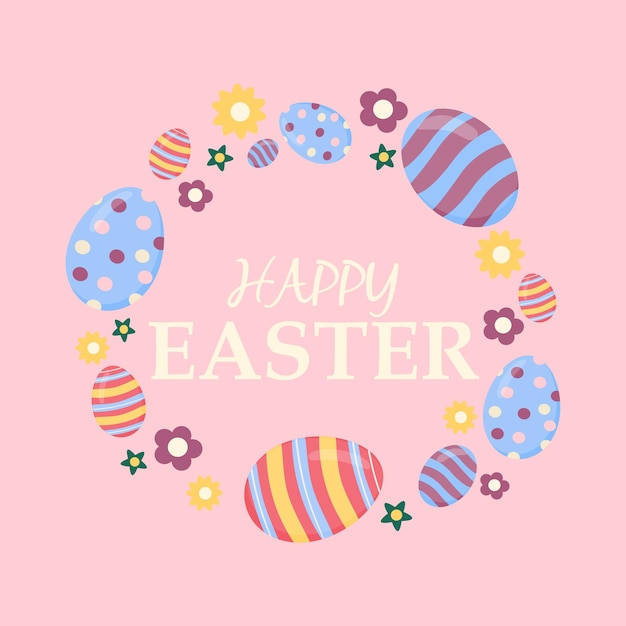 Tarjeta de feliz pascua con huevos y texto ilustraciones vectoriales sobre un fondo rosa.Huevos de pascua en forma de corona en un círculo dentro del texto con felicitaciones