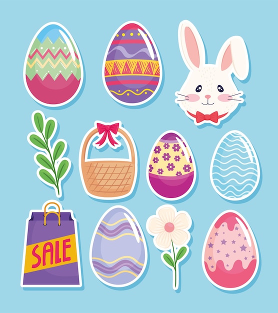 Vector tarjeta de feliz temporada de pascua con huevos pintados y establecer iconos ilustración