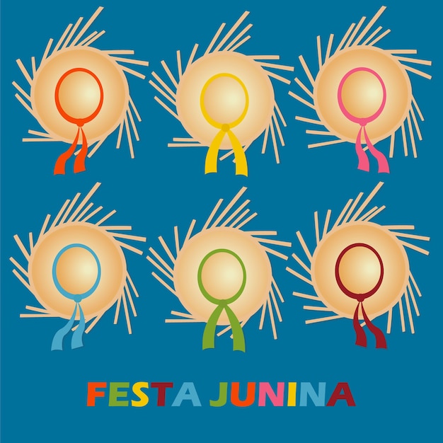 Tarjeta de festa junina con sombreros tradicionales.