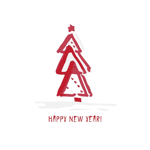 Tarjeta festiva de Navidad y Año Nuevo dibujada a mano con árbol de símbolos de vacaciones e inscripción de saludo caligráfico