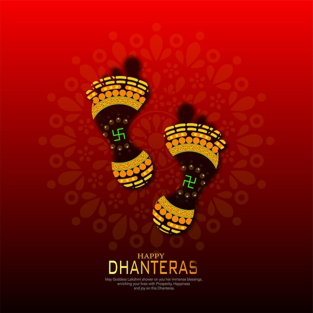 Tarjeta del festival Dhanteras con moneda de oro en una olla con motivos dorados y fondo de color rojo