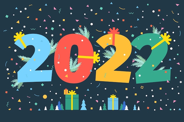 Vector tarjeta de fiesta de año nuevo. números 2022 sobre fondo oscuro. diseño plano, ilustración vectorial.