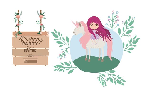 Tarjeta de fiesta de cumpleaños invitada con unicornio y hadas