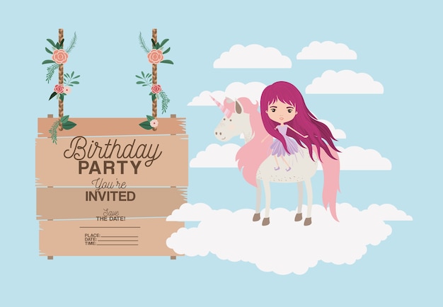 tarjeta de fiesta de cumpleaños invitada con unicornio y hadas