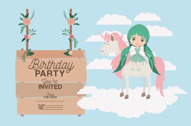 tarjeta de fiesta de cumpleaños invitada con unicornio y hadas