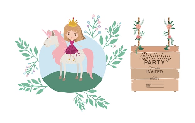 Tarjeta de fiesta de cumpleaños invitada con unicornio y princesa