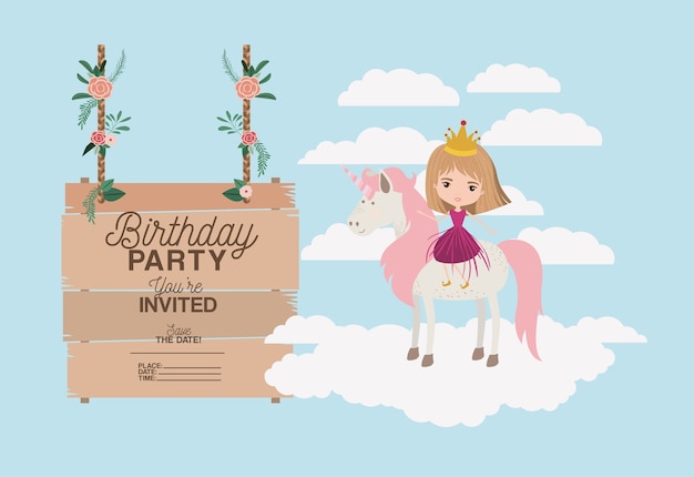 tarjeta de fiesta de cumpleaños invitada con unicornio y princesa