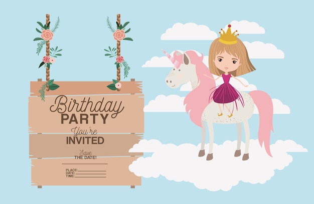 tarjeta de fiesta de cumpleaños invitada con unicornio y princesa