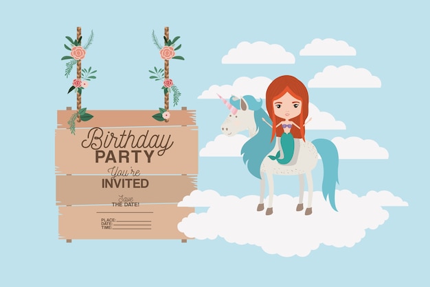 Vector tarjeta de fiesta de cumpleaños invitada con unicornio y sirena