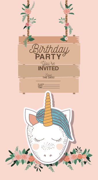 Tarjeta de fiesta de cumpleaños invitada con unicornio