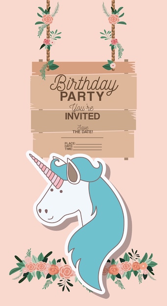 tarjeta de fiesta de cumpleaños invitada con unicornio