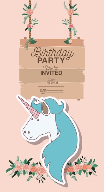 Vector tarjeta de fiesta de cumpleaños invitada con unicornio