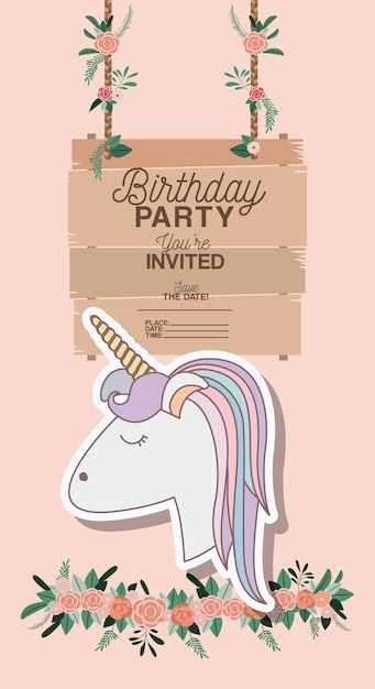 tarjeta de fiesta de cumpleaños invitada con unicornio