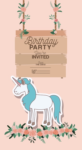 tarjeta de fiesta de cumpleaños invitada con unicornio