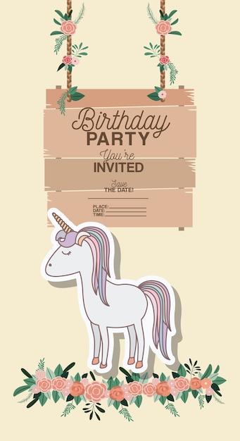 tarjeta de fiesta de cumpleaños invitada con unicornio