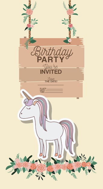 Vector tarjeta de fiesta de cumpleaños invitada con unicornio