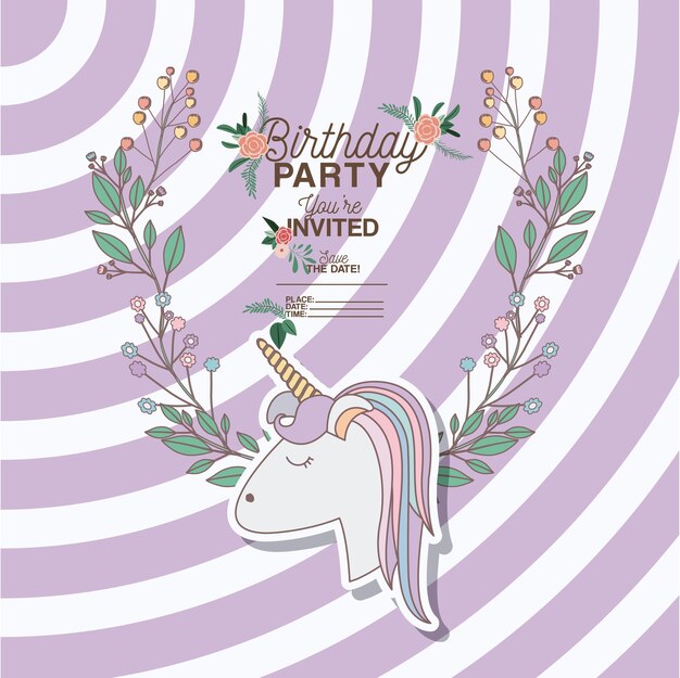 Vector tarjeta de fiesta de cumpleaños invitada con unicornio