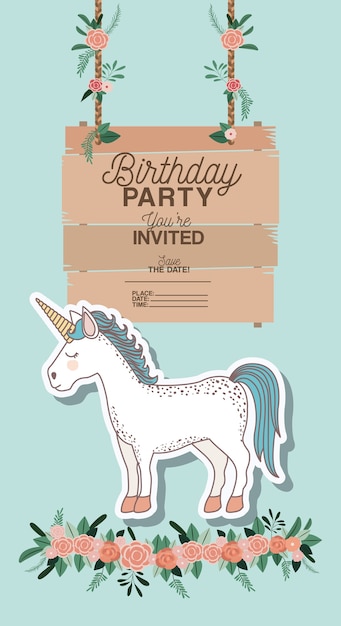 tarjeta de fiesta de cumpleaños invitada con unicornio