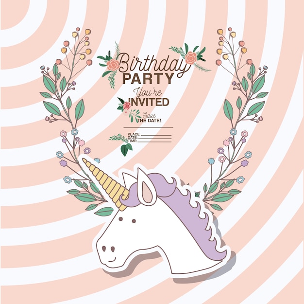 tarjeta de fiesta de cumpleaños invitada con unicornio