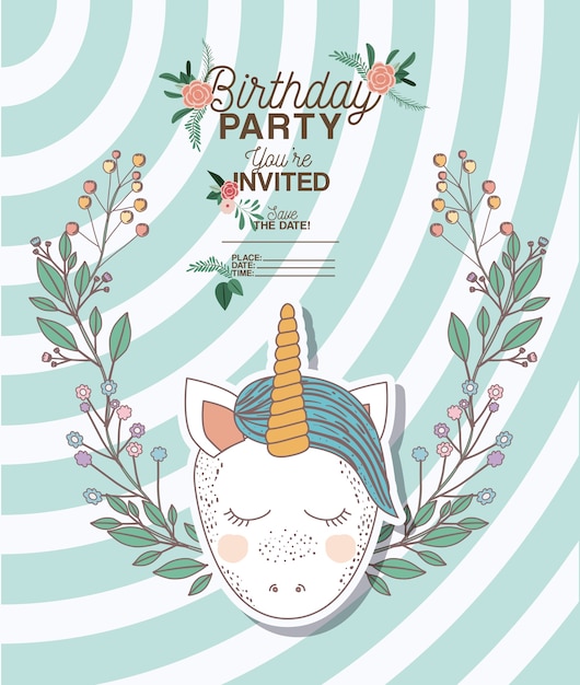 Tarjeta de fiesta de cumpleaños invitada con unicornio