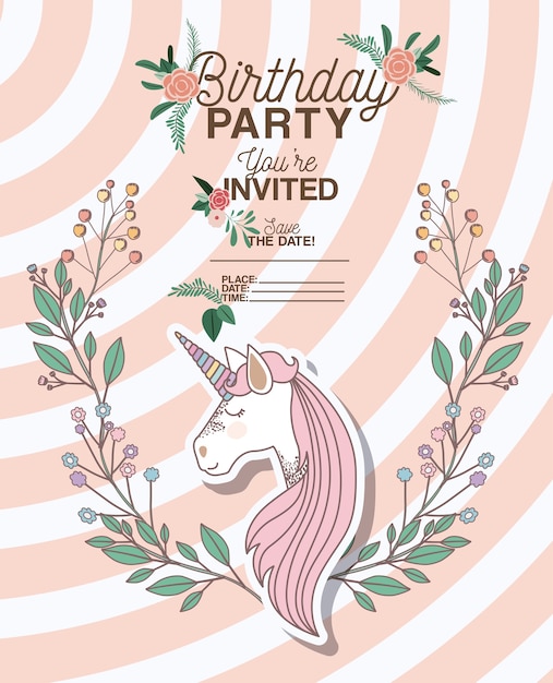 tarjeta de fiesta de cumpleaños invitada con unicornio