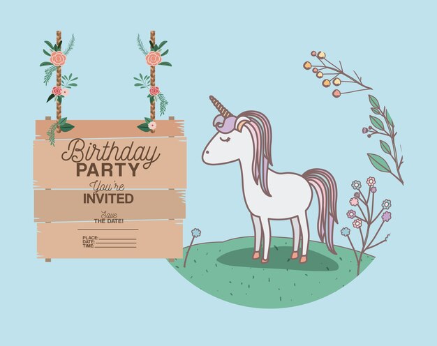 Tarjeta de fiesta de cumpleaños invitada con unicornio