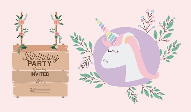 tarjeta de fiesta de cumpleaños invitada con unicornio