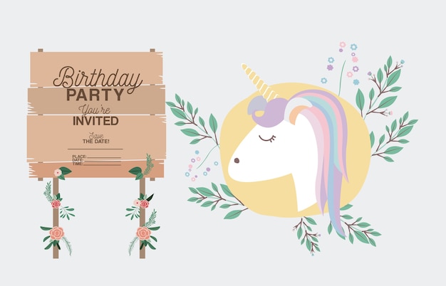 Tarjeta de fiesta de cumpleaños invitada con unicornio