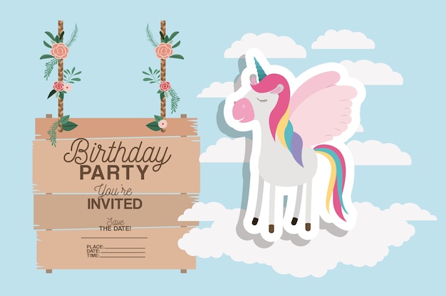 tarjeta de fiesta de cumpleaños invitada con unicornio