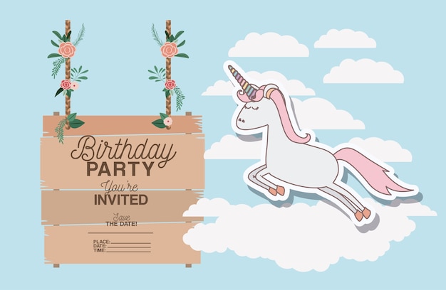 Tarjeta de fiesta de cumpleaños invitada con unicornio