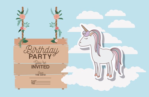 Tarjeta de fiesta de cumpleaños invitada con unicornio