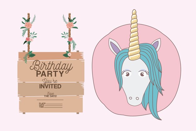 tarjeta de fiesta de cumpleaños invitada con unicornio