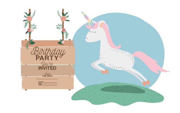 Tarjeta de fiesta de cumpleaños invitada con unicornio