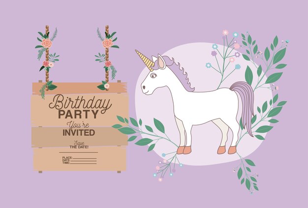 Tarjeta de fiesta de cumpleaños invitada con unicornio