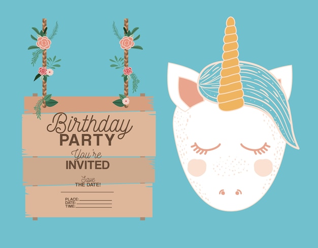 tarjeta de fiesta de cumpleaños invitada con unicornio