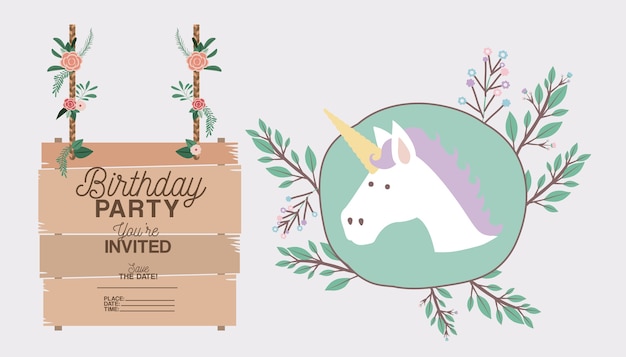 tarjeta de fiesta de cumpleaños invitada con unicornio