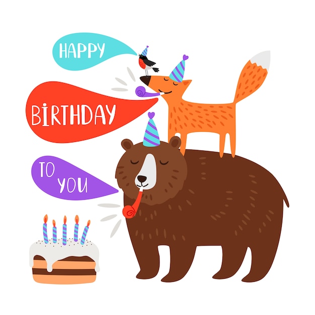 Tarjeta de fiesta de cumpleaños para niños animales