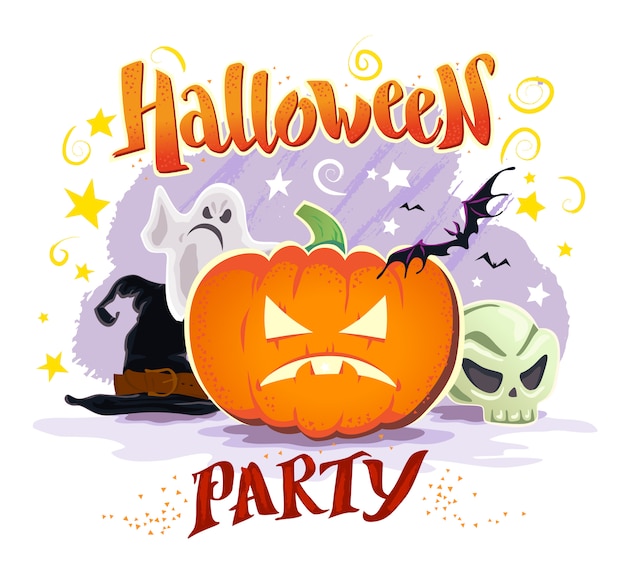 Tarjeta de fiesta de Halloween con sombrero de bruja, fantasma, calabaza, calavera, murciélago. Ilustración vectorial