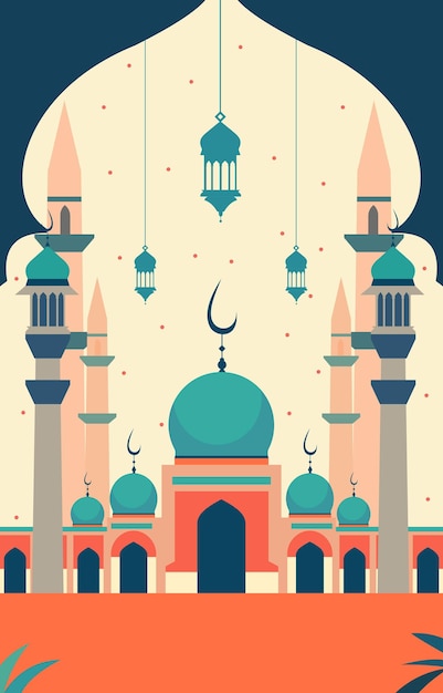 Vector tarjeta de la fiesta islámica de eid al fitr de la mezquita y la linterna