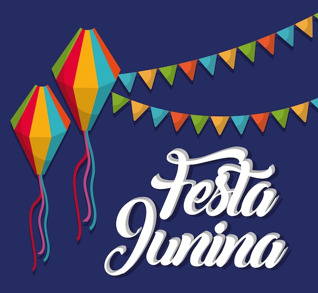 Tarjeta de fiesta junina con banderines y globos decorativos