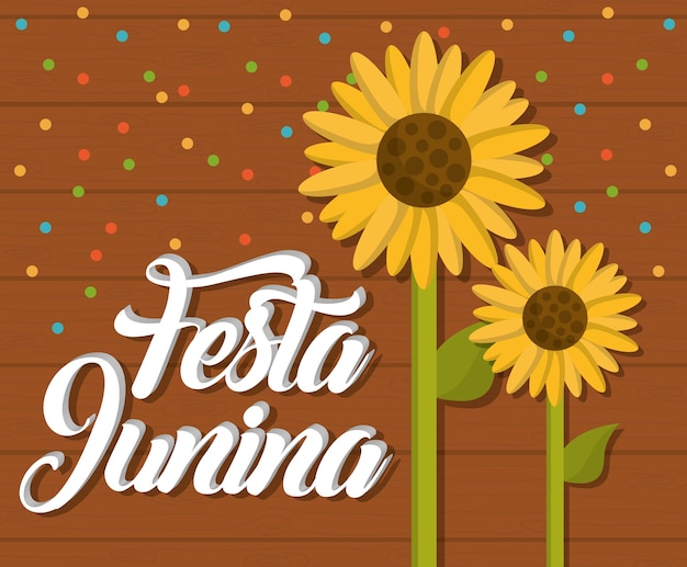 Tarjeta de fiesta junina con icono de girasoles