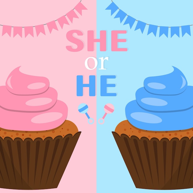 Tarjeta de fiesta de revelación de género con muffins de género en estilo plano
