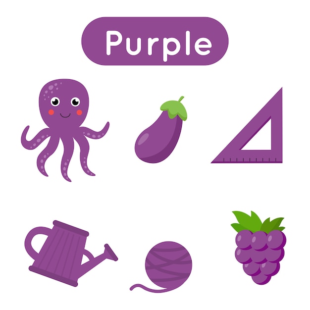 Tarjeta flash de colores de aprendizaje para niños en edad preescolar. color  púrpura. todos los objetos en color morado. hoja de trabajo imprimible. |  Vector Premium