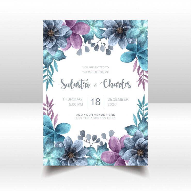 Tarjeta floral elegante de la invitación de la boda de la acuarela azul