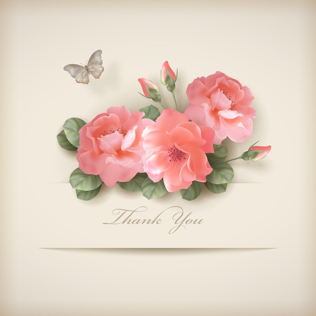 Tarjeta floral 'Gracias' con rosas y pancarta de papel
